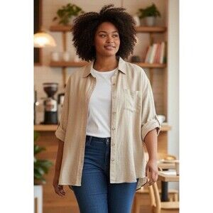 N Touch Linen Blend Button Shirt 2X Tan Beige Short Sleeve Pocket Top